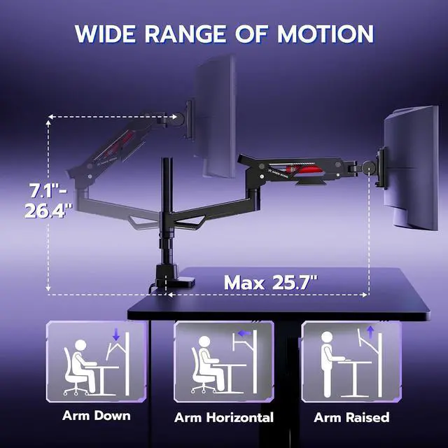 Alt view image 6 of 7 - Heavy Duty Monitor Arm, Ultrawide Monitor Stand up to 57 and 66 Lbs, Gas Sprinq Monitor Mount with USB, Height Adjustable Arms Monitor Stand, Various VESA Mount with Clamp/Grommet Base