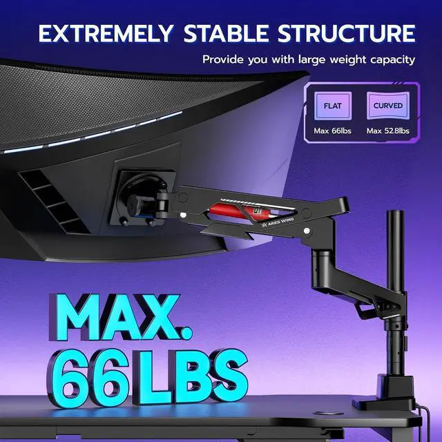 Alt view image 5 of 7 - Heavy Duty Monitor Arm, Ultrawide Monitor Stand up to 57 and 66 Lbs, Gas Sprinq Monitor Mount with USB, Height Adjustable Arms Monitor Stand, Various VESA Mount with Clamp/Grommet Base