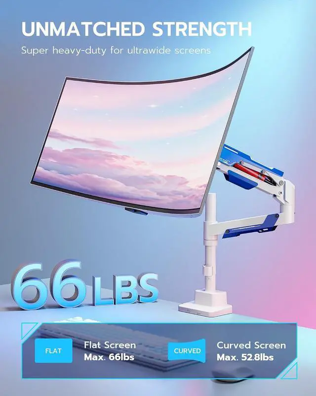 Alt view image 3 of 7 - CoreArm Single Monitor Mount with USB, Ultrawide Monitor Arm for 24 to 57'' Heavy Duty Curved Screen, Adjustable Gas Spring Monitors Arm Stand up to 66LBS with 75/100/200 Vesa Mount, White