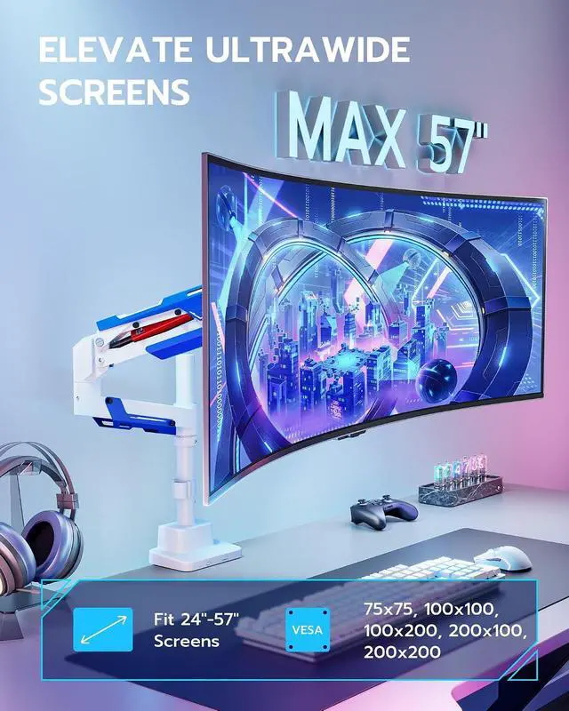 Alt view image 2 of 7 - CoreArm Single Monitor Mount with USB, Ultrawide Monitor Arm for 24 to 57'' Heavy Duty Curved Screen, Adjustable Gas Spring Monitors Arm Stand up to 66LBS with 75/100/200 Vesa Mount, White