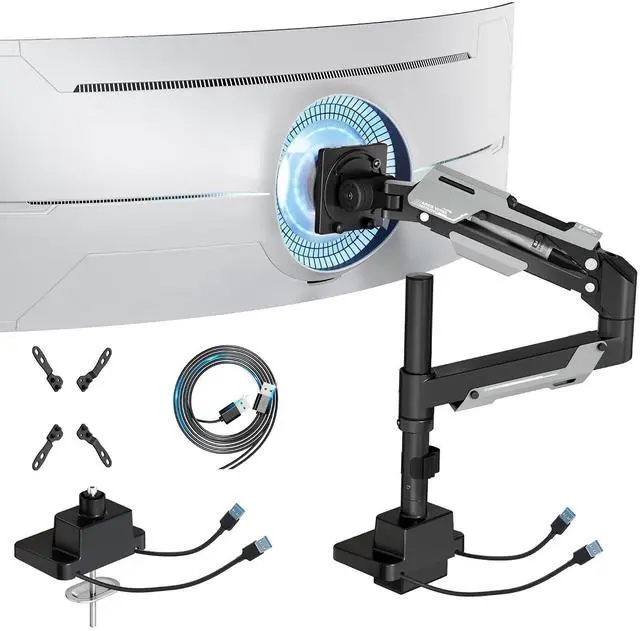 Main image of CoreArm Single Monitor Mount with USB, Ultrawide Monitor Arm for 24 to 57'' Heavy Duty Curved Screen, Adjustable Gas Spring Monitors Arm Stand up to 66LBS with 75/100/200 Vesa Mount, Black