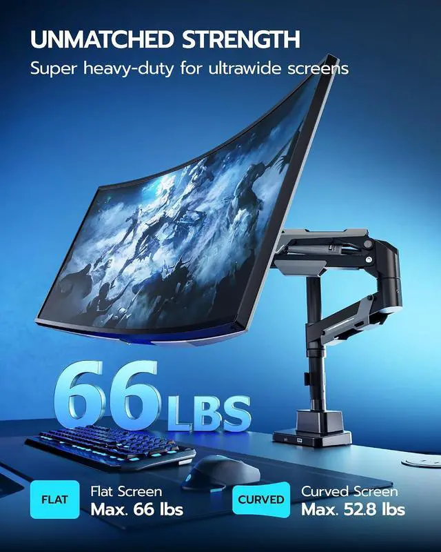 Alt view image 2 of 7 - CoreArm Single Monitor Mount with USB, Ultrawide Monitor Arm for 24 to 57'' Heavy Duty Curved Screen, Adjustable Gas Spring Monitors Arm Stand up to 66LBS with 75/100/200 Vesa Mount, Black