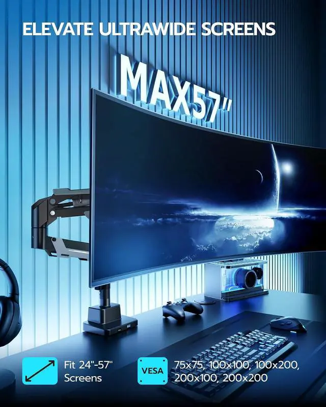 Alt view image 3 of 7 - CoreArm Single Monitor Mount with USB, Ultrawide Monitor Arm for 24 to 57'' Heavy Duty Curved Screen, Adjustable Gas Spring Monitors Arm Stand up to 66LBS with 75/100/200 Vesa Mount, Black