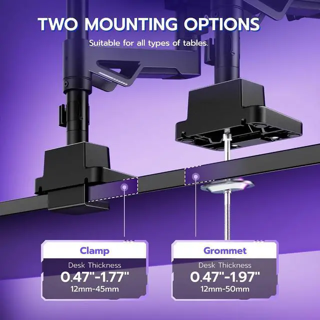 Alt view image 6 of 7 - Heavy Duty Monitor Arm, Ultrawide Monitor Stand up to 57 and 66 Lbs, Gas Sprinq Monitor Mount Height Adjustable Arms Monitor Stand for Desk Various VESA Mount with Clamp/Grommet Base