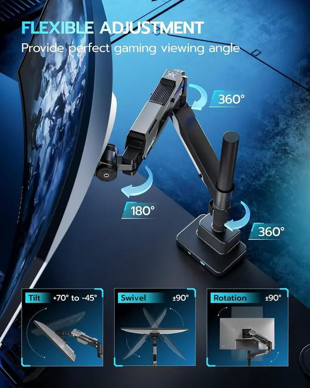 Alt view image 5 of 7 - CoreArm Single Monitor Mount with USB, Ultrawide Monitor Arm for 24 to 57'' Heavy Duty Curved Screen, Adjustable Gas Spring Monitors Arm Stand up to 66LBS with 75/100/200 Vesa Mount, Black