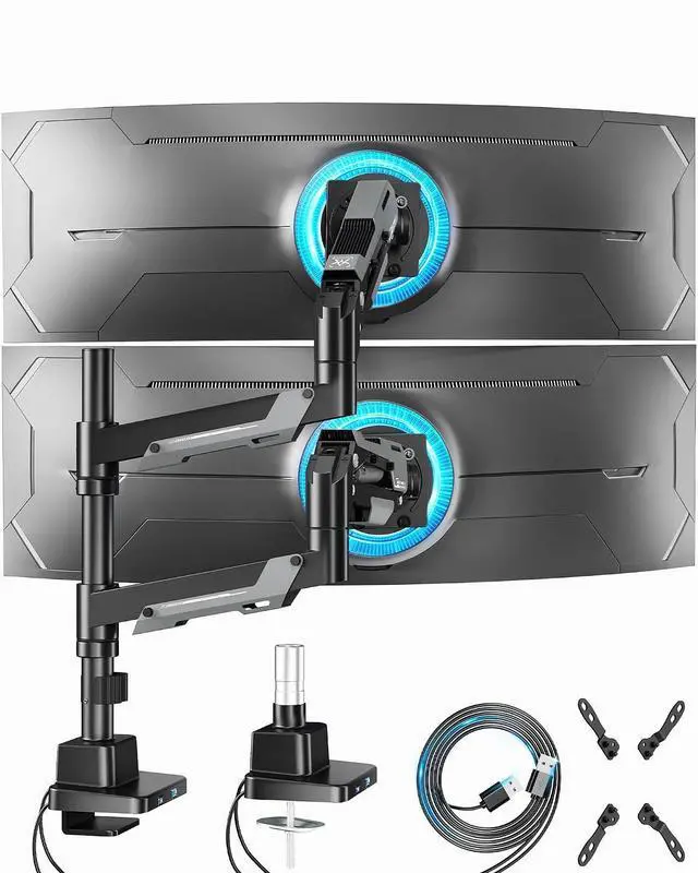 Main image of Vertical Dual Monitor Mount - 24-57" Aluminum Heavy Duty Monitor Arms for 2 Monitors with USB A/C, Fully Adjustable Gas Spring Stacked Monitor Stand with 75/100/200 Vesa Mount, Black