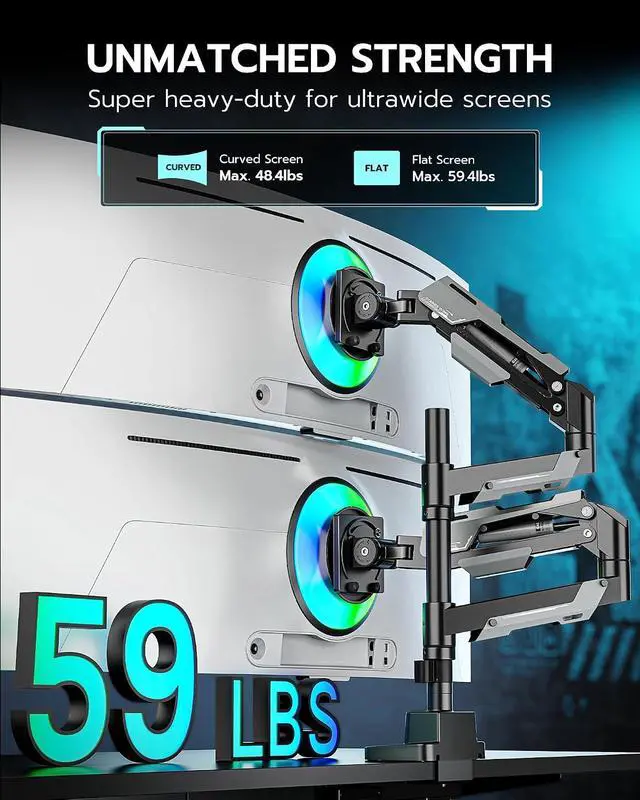 Alt view image 2 of 7 - Vertical Dual Monitor Mount - 24-57" Aluminum Heavy Duty Monitor Arms for 2 Monitors with USB A/C, Fully Adjustable Gas Spring Stacked Monitor Stand with 75/100/200 Vesa Mount, Black