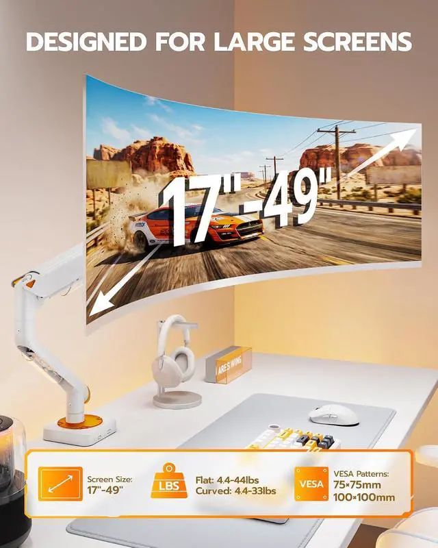 Alt view image 2 of 7 - Monitor Arm for 17-49 Inch, Ultrawide Single Monitor Mount Holds up to 44lbs, Heavy Duty Mechanical Spring Monitor Stand Adjustable Arms, 75/100 VESA Mount with Clamp/Grommet Base, White