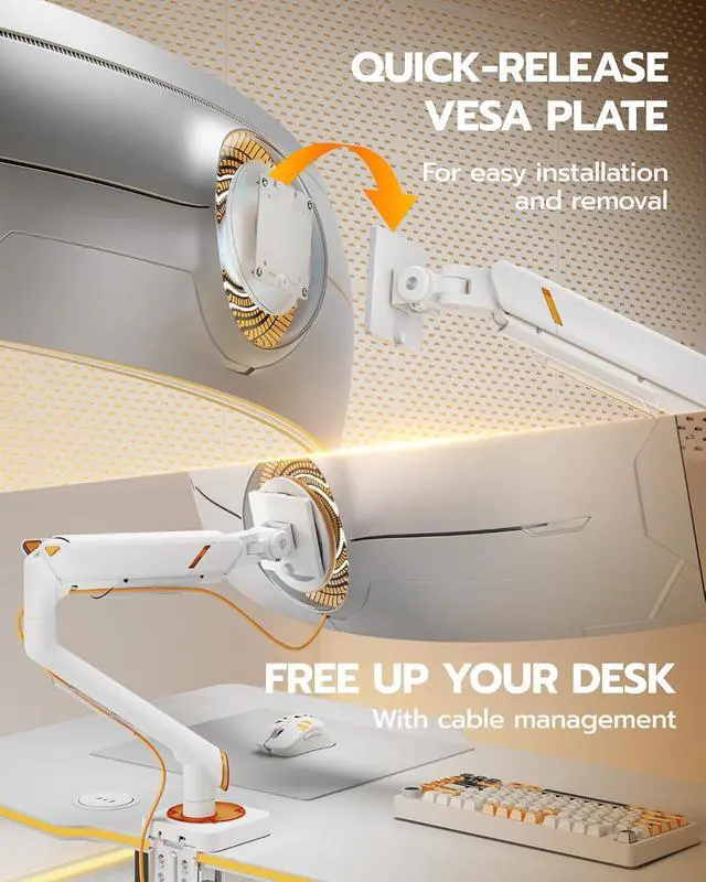Alt view image 5 of 7 - Monitor Arm for 17-49 Inch, Ultrawide Single Monitor Mount Holds up to 44lbs, Heavy Duty Mechanical Spring Monitor Stand Adjustable Arms, 75/100 VESA Mount with Clamp/Grommet Base, White