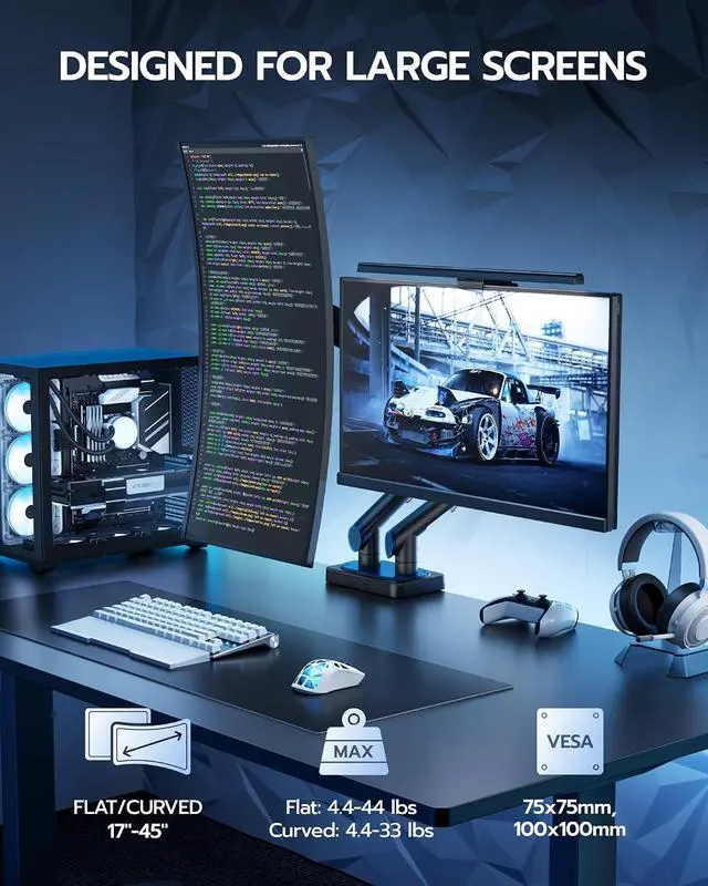 Alt view image 2 of 7 - Monitor Arm for 17-45 Inch, Ultrawide Dual Monitor Mount Holds up to 44lbs, Heavy Duty Mechanical Spring Monitor Stand Adjustable Arms, 75/100 VESA Mount with Clamp/Grommet Base, Black