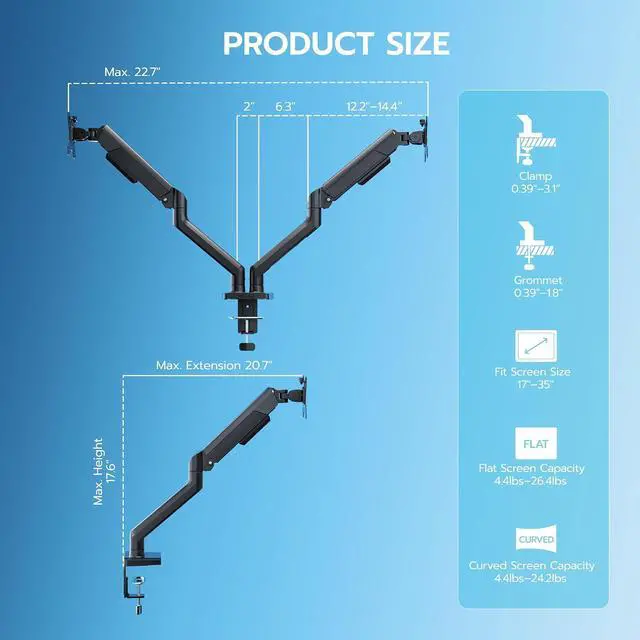 Alt view image 7 of 7 - Dual Monitor Mount, Heavy Duty Monitor Arms for 2 Monitors for 17-35 Inch, Fully Adjustable Monitor Desk Stand Ultrawide Screen, VESA 75x75 or 100x100mm, Black