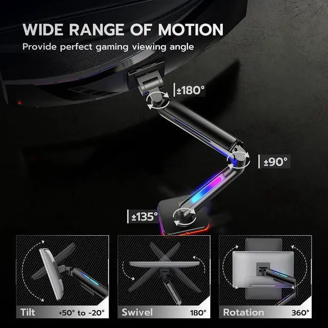 Alt view image 2 of 7 - Ultrawide Monitor arm for 17-49'' Heavy Duty Screen up to 44lbs, Gas Spring Single Monitor Arm with RGB Light, Adjustable Gaming Computer Monitor Arm for Desk, Black