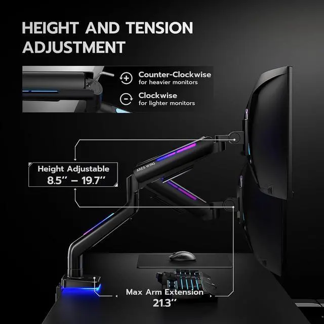 Alt view image 6 of 7 - Ultrawide Monitor arm for 17-49'' Heavy Duty Screen up to 44lbs, Gas Spring Single Monitor Arm with RGB Light, Adjustable Gaming Computer Monitor Arm for Desk, Black