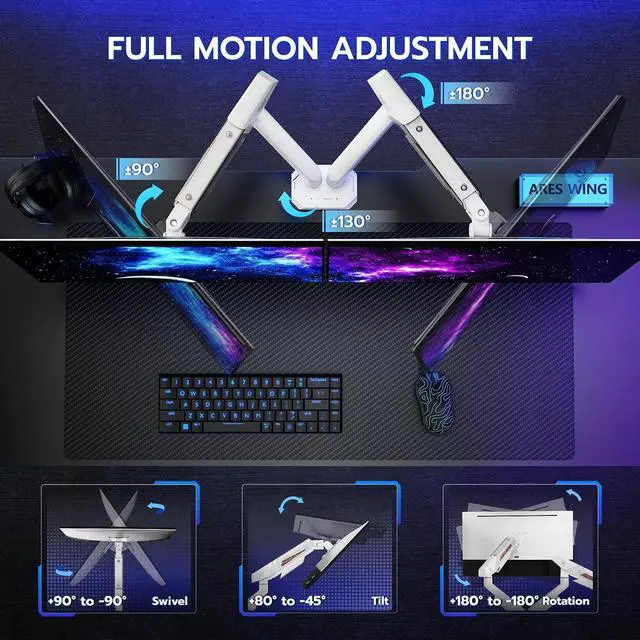 Alt view image 3 of 7 - Dual Monitor Arm for 17-35 Inch Flat Curved Ultrawide Screens Up to 26.5lbs, Fully Adjustable Dual Monitor Mount, C-Clamp & Grommet Base, 75/100 Vesa Mount, White