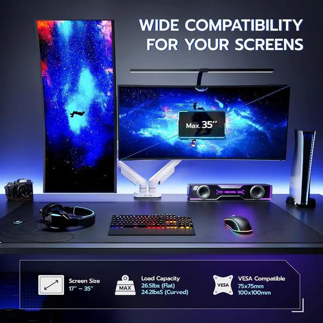 Alt view image 2 of 7 - Dual Monitor Arm for 17-35 Inch Flat Curved Ultrawide Screens Up to 26.5lbs, Fully Adjustable Dual Monitor Mount, C-Clamp & Grommet Base, 75/100 Vesa Mount, White