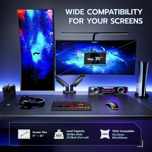 Alt view image 2 of 7 - Dual Monitor Arm for 17-35 Inch Flat Curved Ultrawide Screens Up to 26.5lbs, Fully Adjustable Dual Monitor Mount, C-Clamp & Grommet Base, 75/100 Vesa Mount, Black