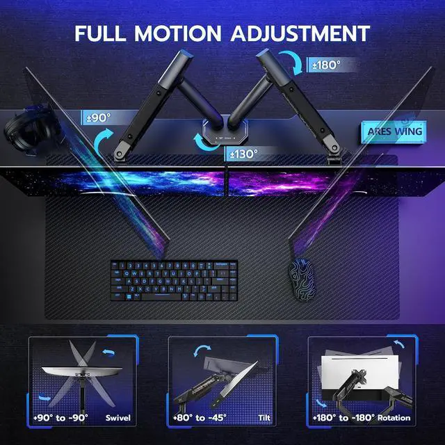 Alt view image 3 of 7 - Dual Monitor Arm for 17-35 Inch Flat Curved Ultrawide Screens Up to 26.5lbs, Fully Adjustable Dual Monitor Mount, C-Clamp & Grommet Base, 75/100 Vesa Mount, Black