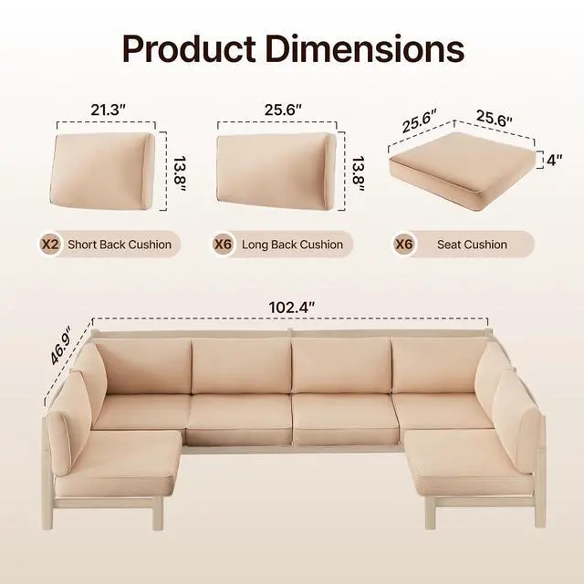 Alt view image 2 of 7 - 14-Piece Outdoor Cushion Set for 6-Seat Sectional Sofa, 25.6"x25.6" Couch Cushion Replacement for Patio Furniture, Splash-Proof & Fade-Resistant Patio Cushions for Backyard/Porch/Deck, Khaki