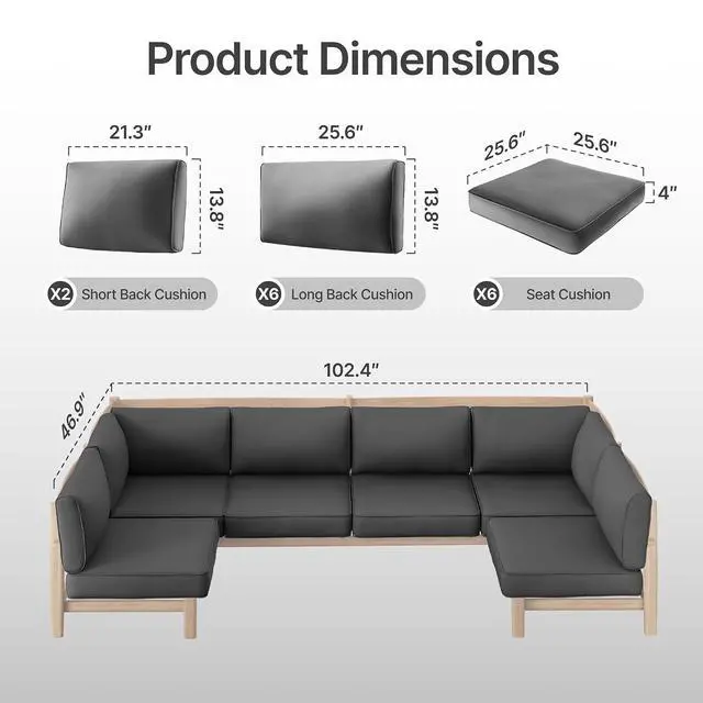 Alt view image 2 of 7 - 14-Piece Outdoor Cushion Set for 6-Seat Sectional Sofa, 25.6"x25.6" Couch Cushion Replacement for Patio Furniture, Splash-Proof & Fade-Resistant Patio Cushions for Backyard/Porch/Deck, Grey