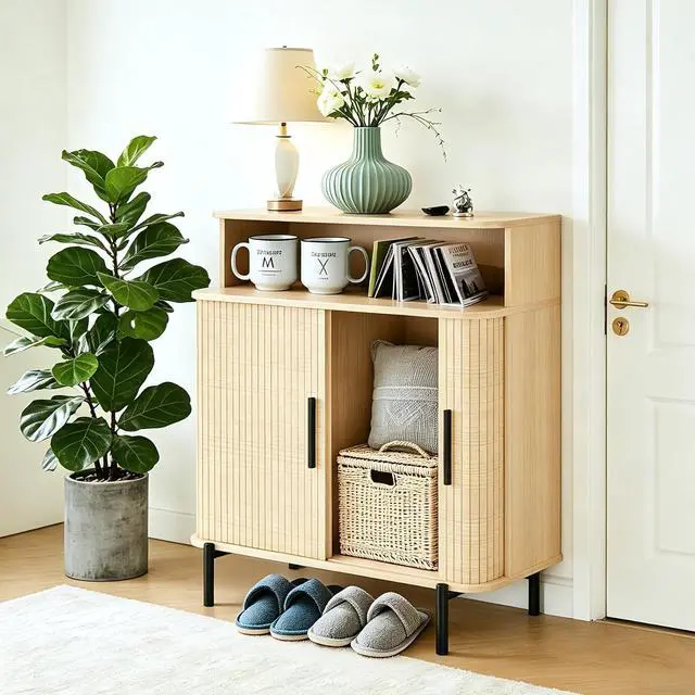 Main image of 31.5" Buffet Sideboard Cabinet, Accent Coffee Bar Cabinet with Storage and Sliding Tambour Door, Mid-Century Modern Sideboard for Entryway, Kitchen, Dining & Living Room (Wood)