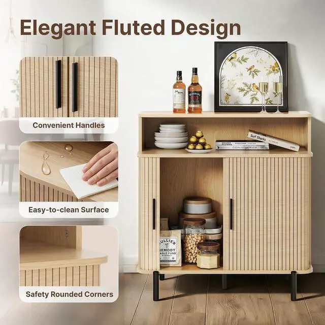 Alt view image 3 of 7 - 31.5" Buffet Sideboard Cabinet, Accent Coffee Bar Cabinet with Storage and Sliding Tambour Door, Mid-Century Modern Sideboard for Entryway, Kitchen, Dining & Living Room (Wood)