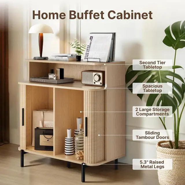 Alt view image 4 of 7 - 31.5" Buffet Sideboard Cabinet, Accent Coffee Bar Cabinet with Storage and Sliding Tambour Door, Mid-Century Modern Sideboard for Entryway, Kitchen, Dining & Living Room (Wood)