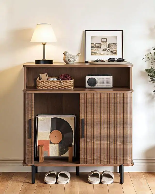 Main image of Buffet Sideboard Cabinet with Big Storage Space, Fluted Coffee Bar Cabinet with Shelves, Modern Wood Console Cabinet for Kitchen, Entryway & Living Room (Walnut)