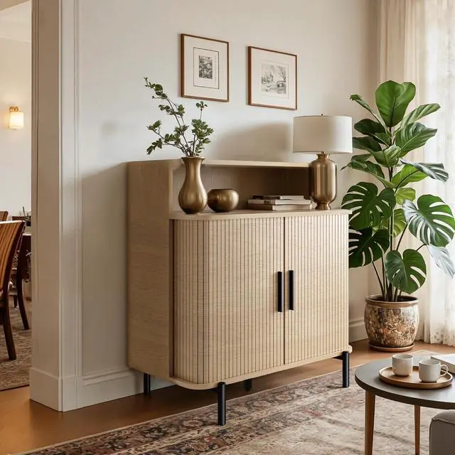 Alt view image 6 of 7 - 31.5" Buffet Sideboard Cabinet, Accent Coffee Bar Cabinet with Storage and Sliding Tambour Door, Mid-Century Modern Sideboard for Entryway, Kitchen, Dining & Living Room (Wood)