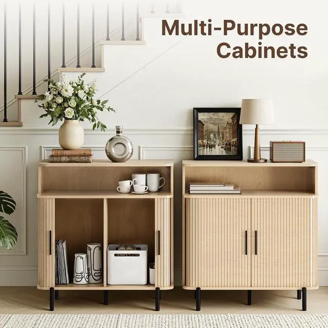 Alt view image 5 of 7 - 31.5" Buffet Sideboard Cabinet, Accent Coffee Bar Cabinet with Storage and Sliding Tambour Door, Mid-Century Modern Sideboard for Entryway, Kitchen, Dining & Living Room (Wood)