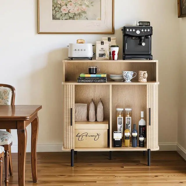 Alt view image 7 of 7 - 31.5" Buffet Sideboard Cabinet, Accent Coffee Bar Cabinet with Storage and Sliding Tambour Door, Mid-Century Modern Sideboard for Entryway, Kitchen, Dining & Living Room (Wood)
