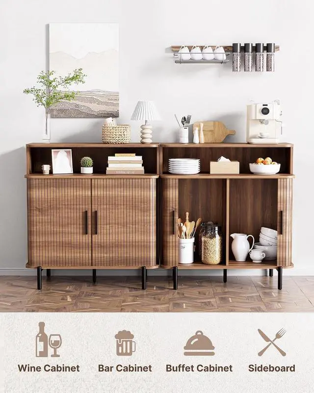 Alt view image 3 of 7 - Buffet Sideboard Cabinet with Big Storage Space, Fluted Coffee Bar Cabinet with Shelves, Modern Wood Console Cabinet for Kitchen, Entryway & Living Room (Walnut)