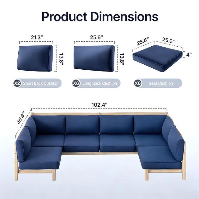 Alt view image 2 of 7 - 14-Piece Outdoor Cushion Set for 6-Seat Sectional Sofa, 25.6"x25.6" Couch Cushion Replacement for Patio Furniture, Splash-Proof & Fade-Resistant Patio Cushions for Backyard/Porch/Deck, Blue