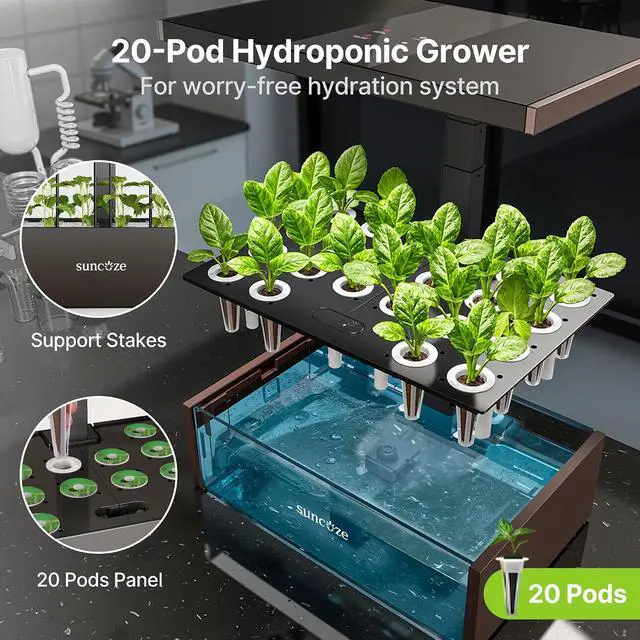 Alt view image 4 of 7 - Hydroponics Growing System Kit, 20 Pods Indoor Herb Garden with 10L Large Tank & Adjustable Height 25", 30W LED Grow Light, LCD Display with Pump & Low Water Reminder, Black&Brown
