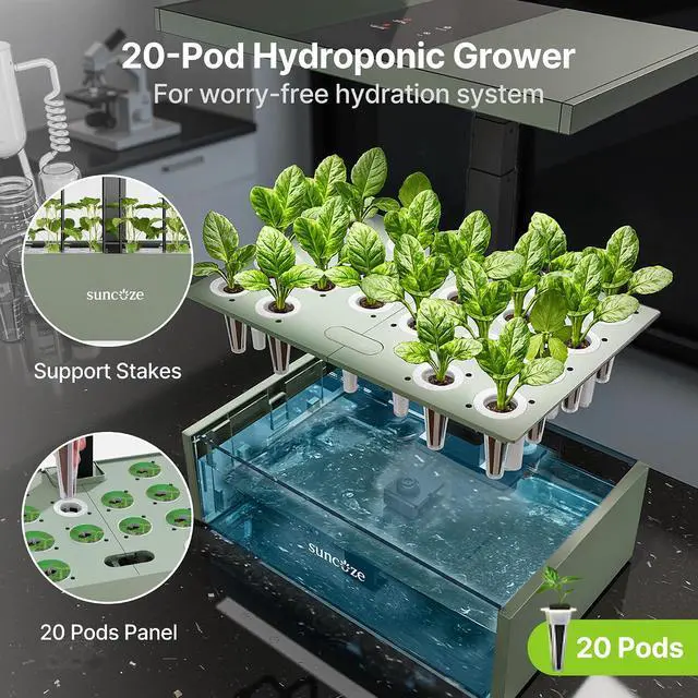 Alt view image 6 of 7 - Hydroponics Growing System Kit, 20 Pods Indoor Herb Garden with 10L Large Tank & Adjustable Height 25", 30W LED Grow Light, LCD Display with Pump & Low Water Reminder, Avocado Green