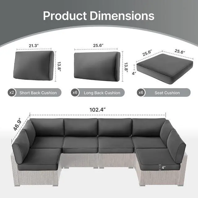 Alt view image 3 of 7 - 14-Piece Outdoor Cushions for Patio Furniture, 25.6"x25.6" Couch Cushion Replacement Designed for 6-Seat Sectional Sofa Sets, Anti-Slip Patio Cushions for Garden, Backyard, Porch (Grey)