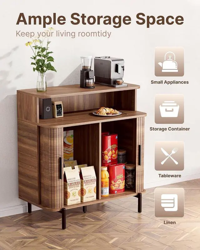 Alt view image 5 of 7 - Buffet Sideboard Cabinet with Big Storage Space, Fluted Coffee Bar Cabinet with Shelves, Modern Wood Console Cabinet for Kitchen, Entryway & Living Room (Walnut)