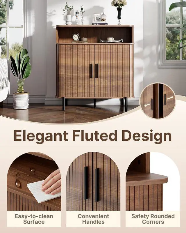 Alt view image 4 of 7 - Buffet Sideboard Cabinet with Big Storage Space, Fluted Coffee Bar Cabinet with Shelves, Modern Wood Console Cabinet for Kitchen, Entryway & Living Room (Walnut)