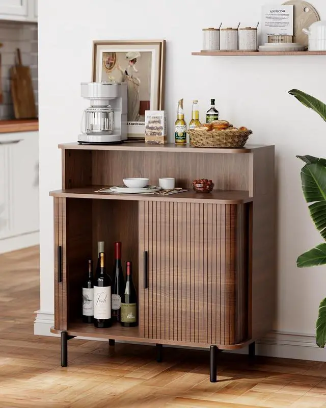 Alt view image 7 of 7 - Buffet Sideboard Cabinet with Big Storage Space, Fluted Coffee Bar Cabinet with Shelves, Modern Wood Console Cabinet for Kitchen, Entryway & Living Room (Walnut)