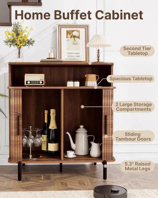 Alt view image 6 of 7 - Buffet Sideboard Cabinet with Big Storage Space, Fluted Coffee Bar Cabinet with Shelves, Modern Wood Console Cabinet for Kitchen, Entryway & Living Room (Walnut)