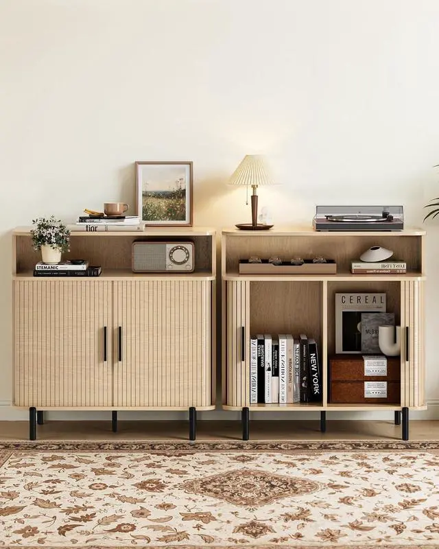 Main image of Buffet Sideboard Cabinet with Big Storage Space Set of 2, Fluted Coffee Bar Cabinet with Shelves, Modern Wood Console Cabinet for Kitchen, Entryway & Living Room (Wood)