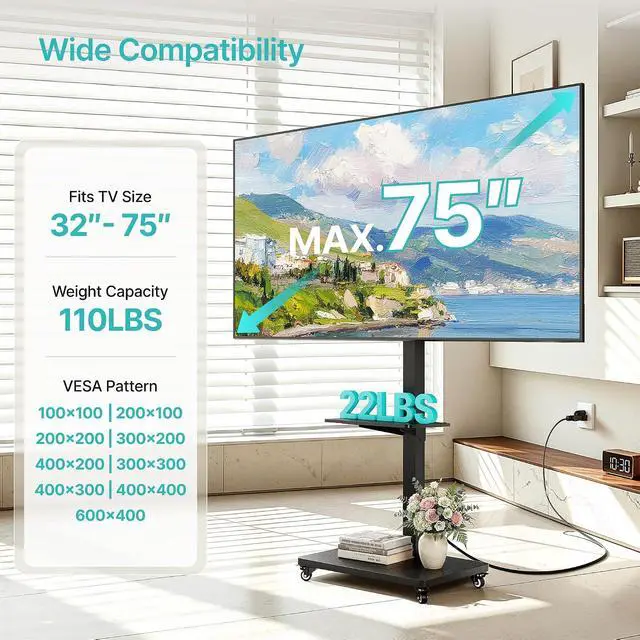 Alt view image 2 of 7 - Rolling TV Stand with Power Outlet for 32-75 Inch TVs up to 110 lbs, Mobile TV Stand on Metal Wheels, Tilt & Swivel Portable TV Cart with Mount, Height Adjustable TV Cart with Wire Management