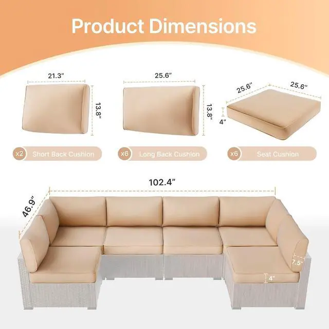 Alt view image 3 of 7 - 14 pcs Outdoor Cushions for Patio Furniture, 25.6"x25.6" Couch Cushion Replacement for 6-Seat Sectional Sofa Sets, Anti Slip & Splash-Proof Patio Cushions for Garden/Backyard/Porch(Khaki)