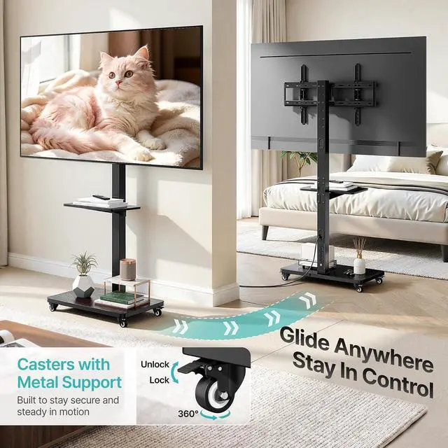 Alt view image 4 of 7 - Rolling TV Stand with Power Outlet for 32-75 Inch TVs up to 110 lbs, Mobile TV Stand on Metal Wheels, Tilt & Swivel Portable TV Cart with Mount, Height Adjustable TV Cart with Wire Management
