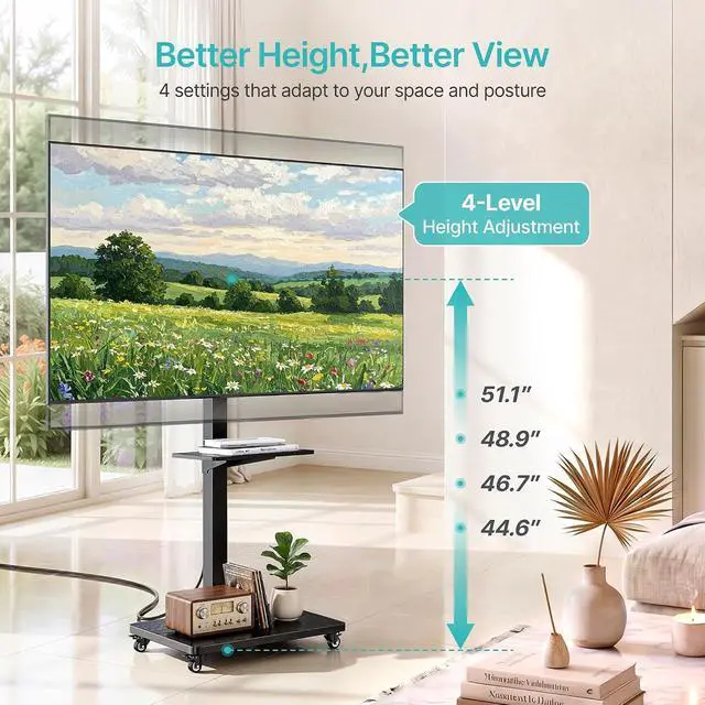 Alt view image 5 of 7 - Rolling TV Stand with Power Outlet for 32-75 Inch TVs up to 110 lbs, Mobile TV Stand on Metal Wheels, Tilt & Swivel Portable TV Cart with Mount, Height Adjustable TV Cart with Wire Management