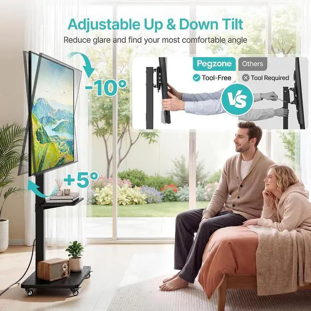 Alt view image 6 of 7 - Rolling TV Stand with Power Outlet for 32-75 Inch TVs up to 110 lbs, Mobile TV Stand on Metal Wheels, Tilt & Swivel Portable TV Cart with Mount, Height Adjustable TV Cart with Wire Management