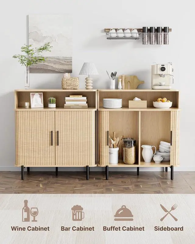 Alt view image 3 of 7 - Buffet Sideboard Cabinet with Big Storage Space, Fluted Coffee Bar Cabinet with Shelves, Modern Wood Console Cabinet for Kitchen, Entryway & Living Room (Wood)