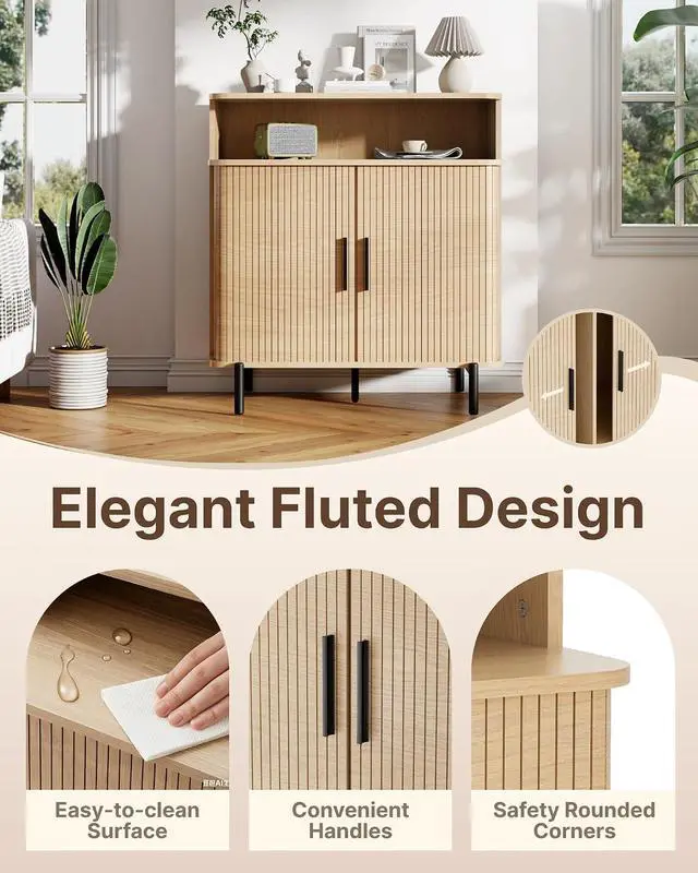 Alt view image 4 of 7 - Buffet Sideboard Cabinet with Big Storage Space, Fluted Coffee Bar Cabinet with Shelves, Modern Wood Console Cabinet for Kitchen, Entryway & Living Room (Wood)