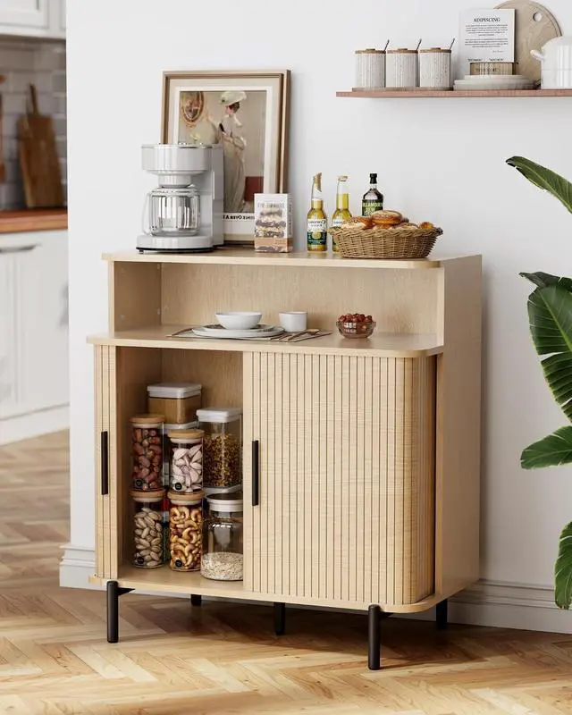 Alt view image 7 of 7 - Buffet Sideboard Cabinet with Big Storage Space Set of 2, Fluted Coffee Bar Cabinet with Shelves, Modern Wood Console Cabinet for Kitchen, Entryway & Living Room (Wood)