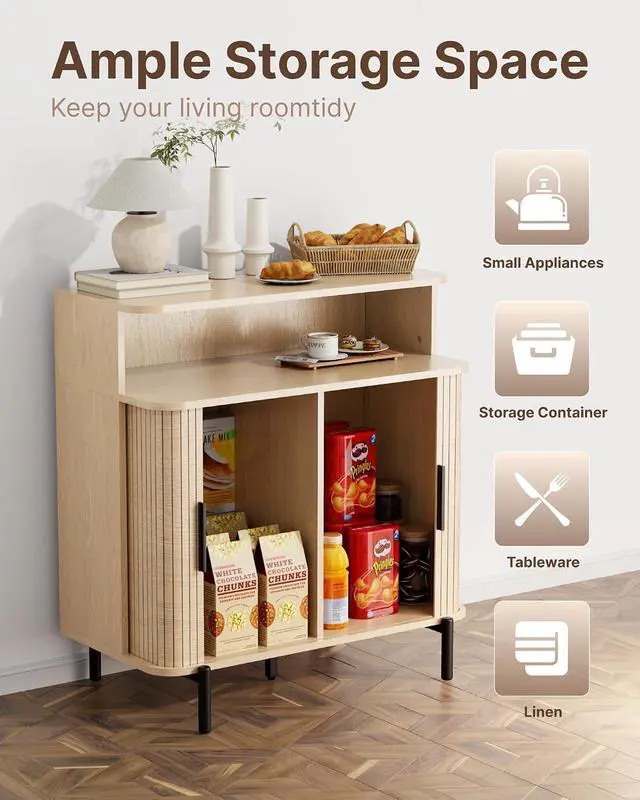 Alt view image 5 of 7 - Buffet Sideboard Cabinet with Big Storage Space, Fluted Coffee Bar Cabinet with Shelves, Modern Wood Console Cabinet for Kitchen, Entryway & Living Room (Wood)