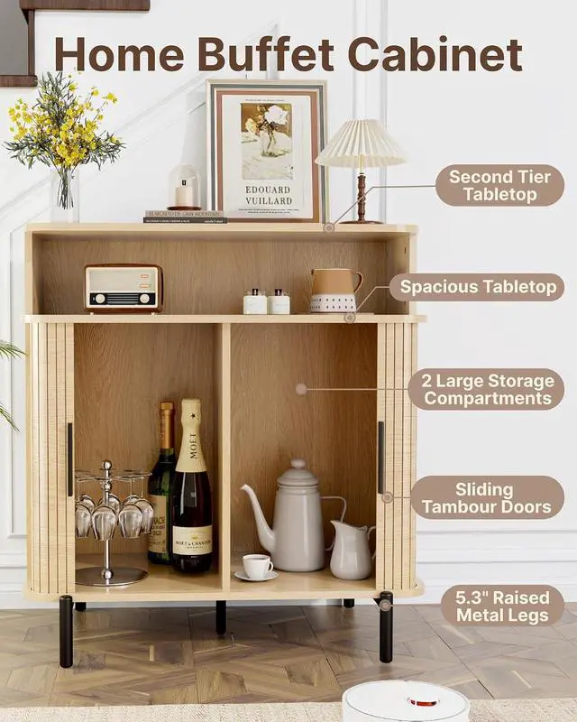 Alt view image 6 of 7 - Buffet Sideboard Cabinet with Big Storage Space, Fluted Coffee Bar Cabinet with Shelves, Modern Wood Console Cabinet for Kitchen, Entryway & Living Room (Wood)